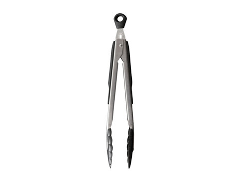Kitchenware silver clip equipment tool for barbecue top view on transparent background.