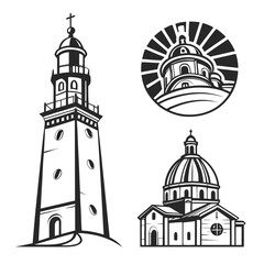 Iconic architectural structures with black brush strokes architecture building