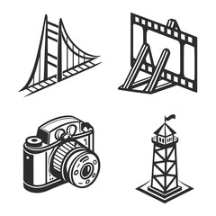 Iconic landmarks and vintage camera illustrations bridge film reel