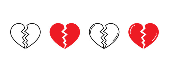 Broken heart icon set. Red and outline heartbreak symbol. Love breakup and emotional pain concept