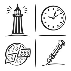 Lighthouse Clock Dice Fountain Pen Icons vector