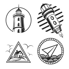 Lighthouse pen house paper airplane icons vector