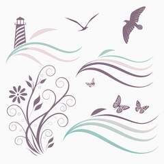 Lighthouse seagull floral swirl butterfly and wave elements bird flying