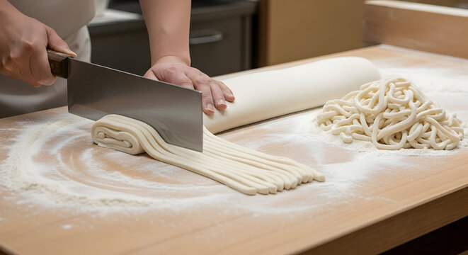 Chef cutting fresh udon noodles with a knife