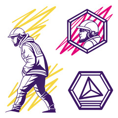 Man wearing hard hat and headphones with abstract shapes worker construction