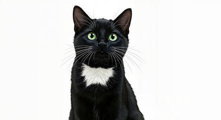 A striking black cat with vibrant green eyes and a white chest patch sits attentively against a clean isolated white background looking directly into the camera with curiosity
