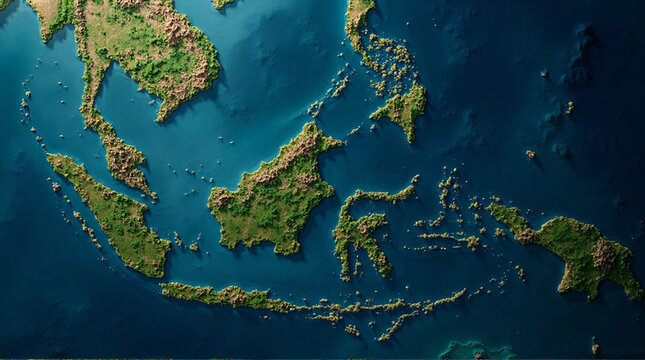 Top down aerial view of the Indonesian archipelago showcasing lush green islands surrounded by deep blue ocean waters