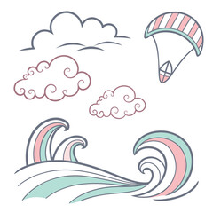 Pastel colored sky and sea elements clouds waves