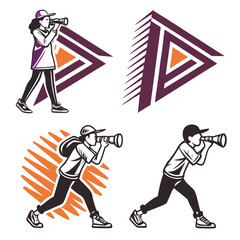 People looking through telescopes with geometric shapes person searching