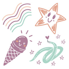 Playful whimsical doodles of ice cream star and waves vector