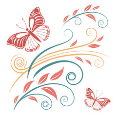 Red butterflies and floral swirls with coral leaves butterfly vine