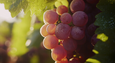 close-up de uvas rosas cobertas de orvalho, penduradas na videira e iluminadas pela luz do sol, representando o frescor e a beleza natural de um vinhedo