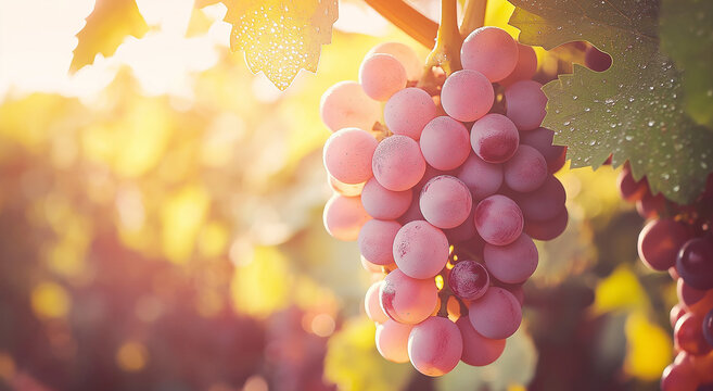 close-up de uvas rosas cobertas de orvalho, penduradas na videira e iluminadas pela luz do sol, representando o frescor e a beleza natural de um vinhedo