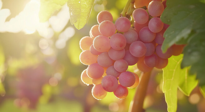 close-up de uvas rosas cobertas de orvalho, penduradas na videira e iluminadas pela luz do sol, representando o frescor e a beleza natural de um vinhedo