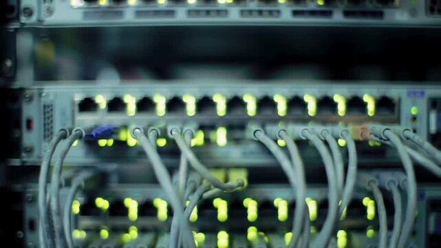 A close-up view of a computer network switch with numerous patch cables and a patch panel highlights essential data communication equipment in a technology center