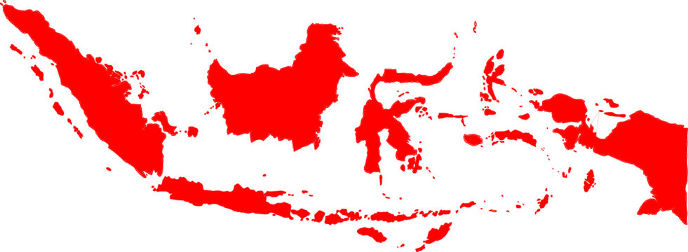Striking red silhouette map of Indonesia on a clean white background. Perfect for national, geographic, or abstract design projects.

