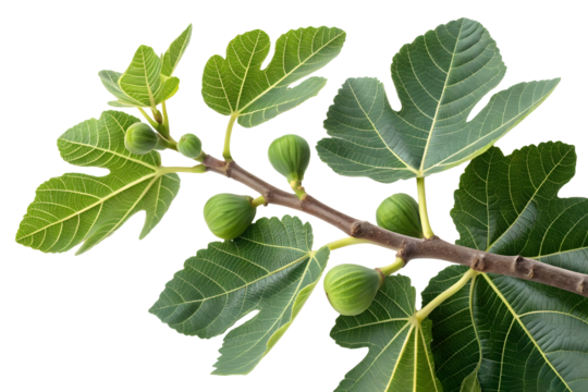 green fig leaves branch isolated on white or transparent background