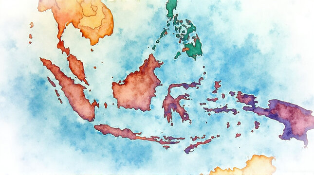 Watercolor map of Southeast Asia showing islands and countries with a vibrant blue and orange color palette