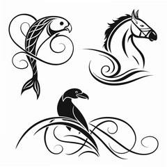 Stylized black animal silhouettes with decorative swirls white horse