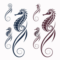 Stylized seahorse motifs dark blue and burgundy illustration marine life