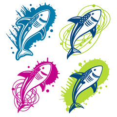 Stylized sharks with abstract paint splashes and swirls fish marine life