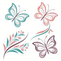 Teal pink and purple stylized butterflies and floral elements butterfly