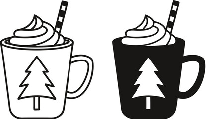 Hot Chocolate Icons. Black and White Vector Icons. Cup with Hot Drink and Straw. Christmas and Holiday Concept
