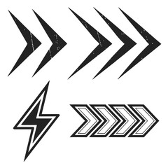 Textured black arrow icons and lightning bolt chevron graphic