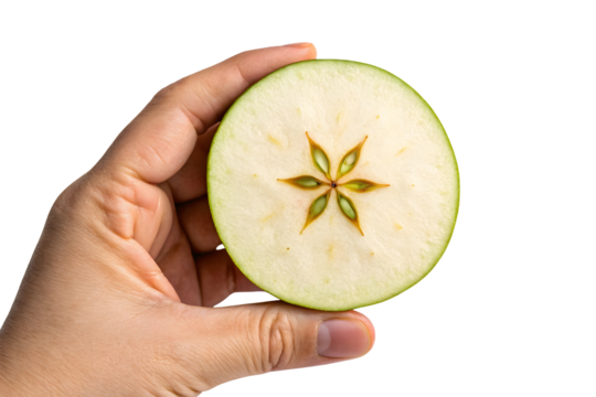Hand holding sliced apple isolated transparent background - Powered by Adobe