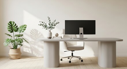 Modern minimalist home office workspace with neutral tones, plants, and a blank computer screen.
