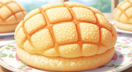 Fresh melonpan bread on a decorative plate