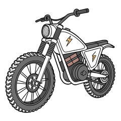 Obraz premium White electric motorcycle with thick tires and lightning bolt decals white motorcycle