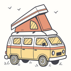 Yellow and orange camper van with pop top and birds travel road trip