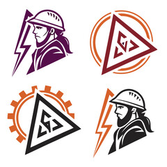 Worker lightning bolt gear triangle abstract logo designs vector