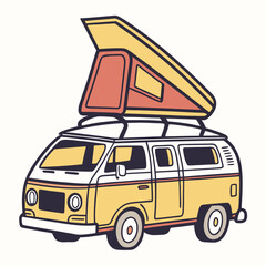 Yellow and white camper van with pop top roof travel road trip