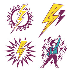 Yellow lightning bolts and person with raised fist thunderbolt energy