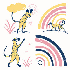 Yellow meerkats in playful poses with abstract rainbows and foliage blue pink