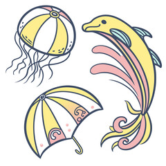 Yellow pink blue dolphin jellyfish umbrella beach ball vector