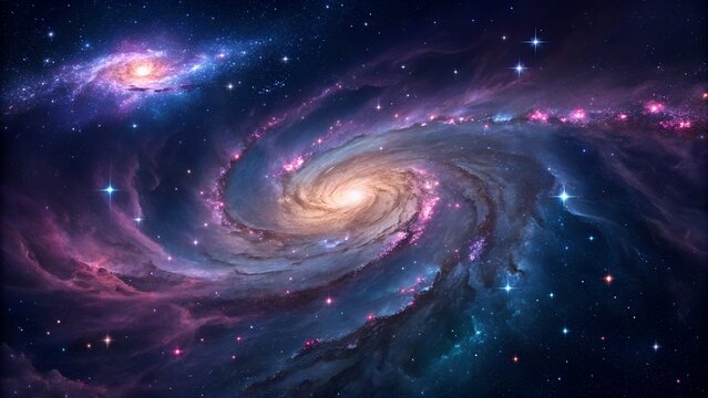 A beautiful deep space scene with glowing stars nebula and a spiral galaxy in a dark blue cosmic sky showing the vast universe at night