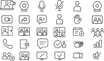 A Set of Thin Line Icons for Video Conferencing, Online Meetings, and Virtual Communication