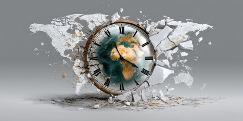 Time concept trade war represented by cracked clock with globe inside and shattered world map background symbolizing global conflict and disruption