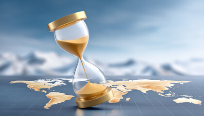 Time concept trade war represented by hourglass with sand flowing over world map symbolizing global tension and urgency in conflict situations