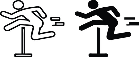 Hurdle Icons. Black and White Vector Illustration. Athlete Jumping Over Hurdle. Competition, Sport. Running Concept