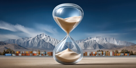 Time hourglass concept with trade containers and mountain background symbolizing urgency and impact of war on global commerce