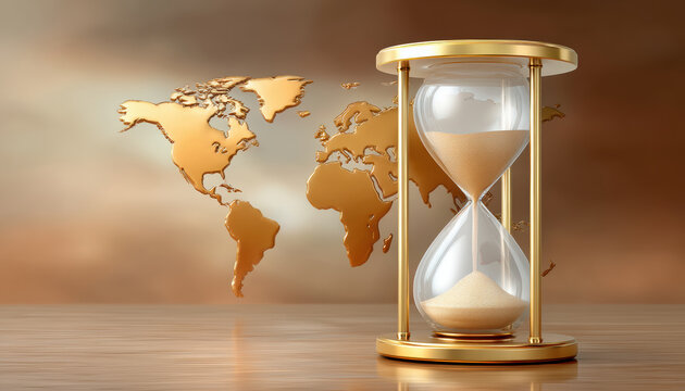 Golden hourglass with sand flowing in front of world map symbolizing concept of time and trade during war and peace - Powered by Adobe