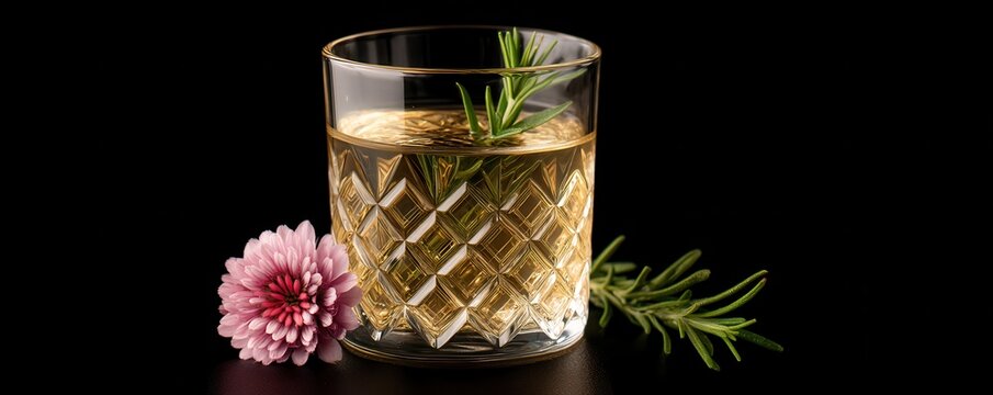 A crystal glass filled with a golden drink garnished with rosemary, accompanied by a pink chrysanthemum flower on a black background. - Powered by Adobe