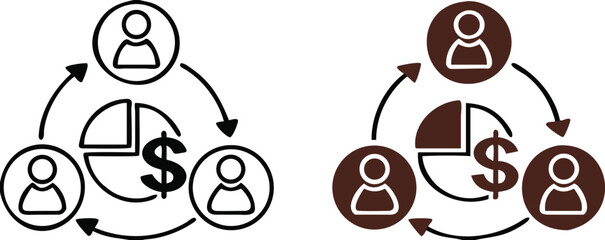 Profit Share Icons. Vector Icon of Pie Chart, Dollar and Shareholders Icon. Business and Teamwork Concept