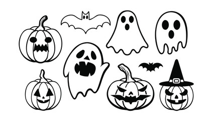 Halloween Black and White Pumpkin Ghosts Bats Witch Hat Vector Set