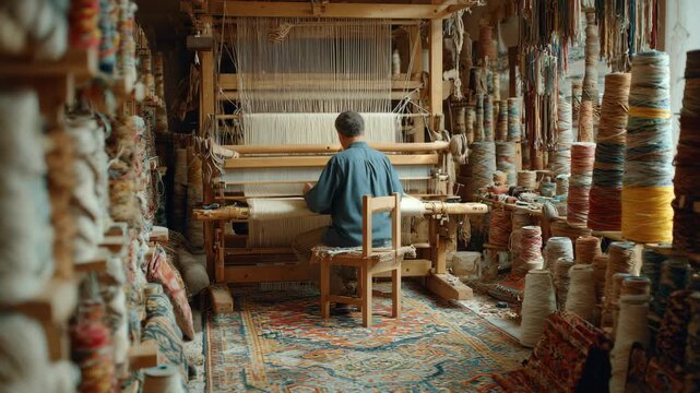Artisan Weaving Intricate Textile At Traditional Loom