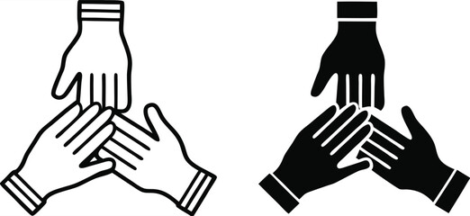 Participation Icons. Black and White Vector Icons. Three Hands Together. Teamwork, Business Partnership. Meeting and Office Concept
